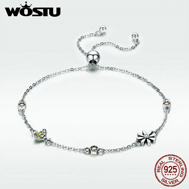 

WOSTU Spring Collection 100% 925 Sterling Silver Dancing Bee In Daisy Garden Women Chain Bracelet Fashion Jewelry Gift BKB061