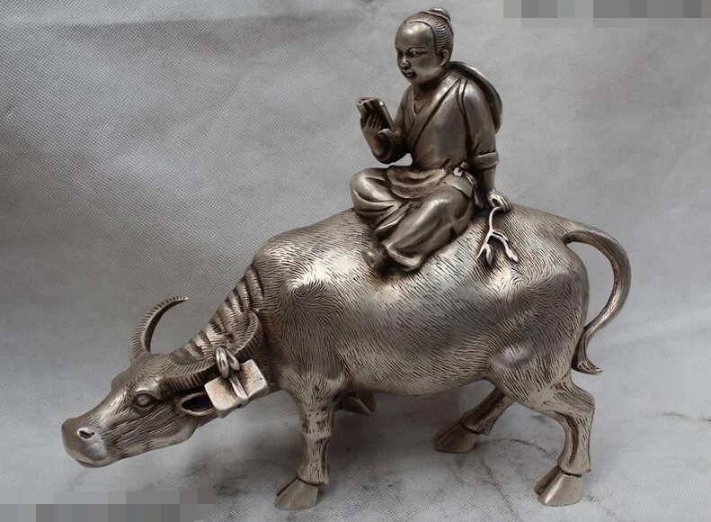 

R0720 Details about 10"China Chinese Fengshui Folk Silver schoolchild Sit Ox Look Book Statue
