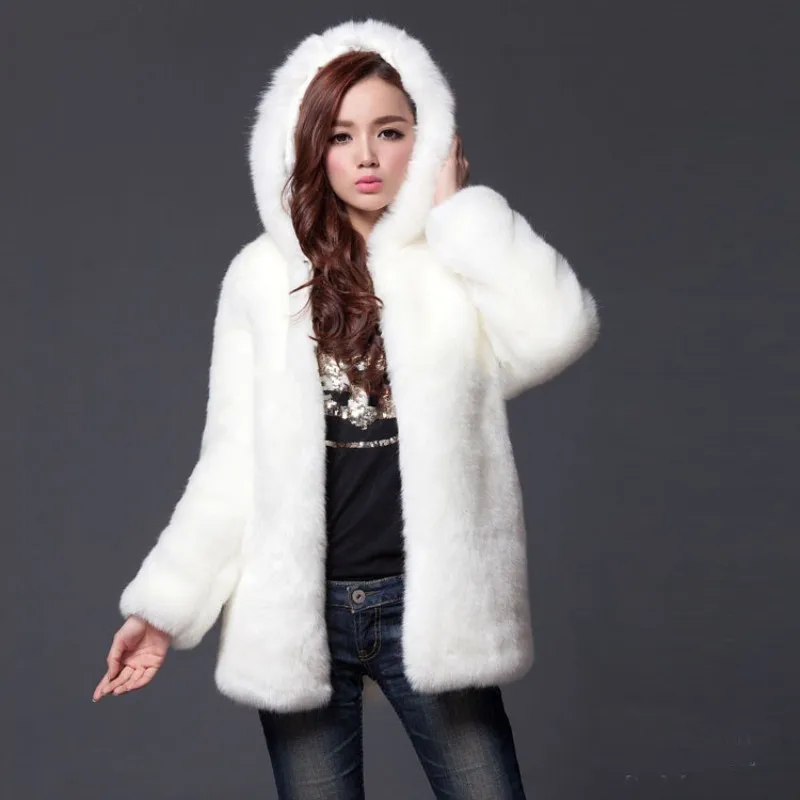 2017 Winter Thick Fur Fur Women's Faux Fur Medium-long Hooded Rabbit Fur Jacket Plus Size S-3XL-5XL white black winter coat