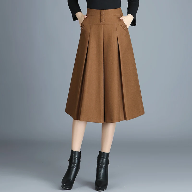 

Winter Fall Fashion Women Buttons High Waisted Camel Black Pleated Wool Skirt , Autumn 4xl Casual 2018 Woolen Skirts For Woman