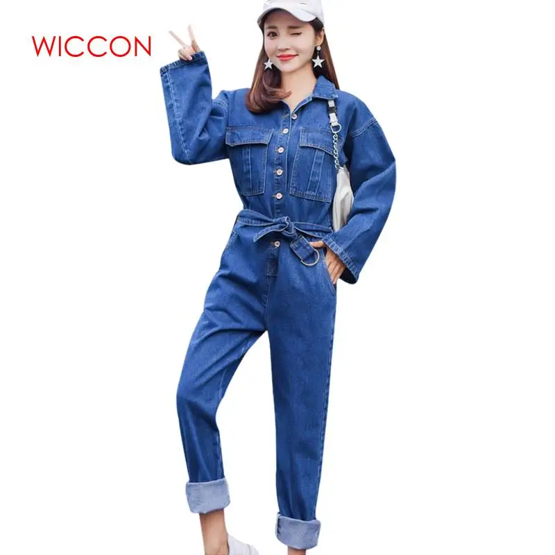 

New Streetwear Style Denim Overalls Women 2019 Spring Long Sleeve Bodysuit High Waist Jeans Bodycon Romper Wide Leg Jumpsuit