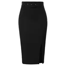 Черный серый Для женщин пояса украшены бедра-завернутый Bodycon юбка-карандаш классической до колен пикантные открытые разрезом спереди Femme