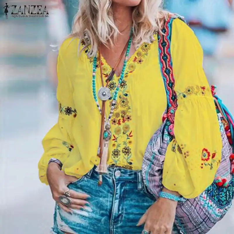 

2019 Fashion Women's Blouse ZANZEA Ladies V Neck Chic Work Shirts Casual Floral Print Blusas Lantern Sleeve Tunic Tops Plus Size