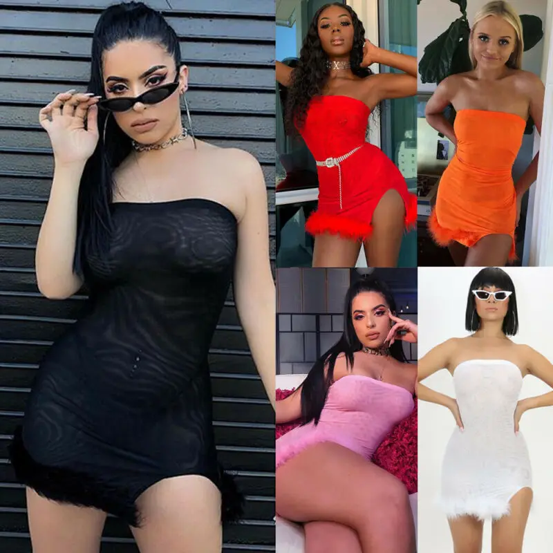 

Women Summer off Shoulder Slash Neck Sleeveless Bodycon Mesh Side Split Fur Stitching Party Evening Club Short Mini Dress