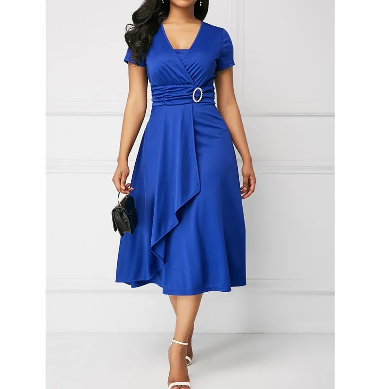 

Fashion Women's V-neck Lace Elegant Dress Solid Color Asymmetrical Hem Short Sleeve Turtleneck Dress Plus Sizes S-5XL