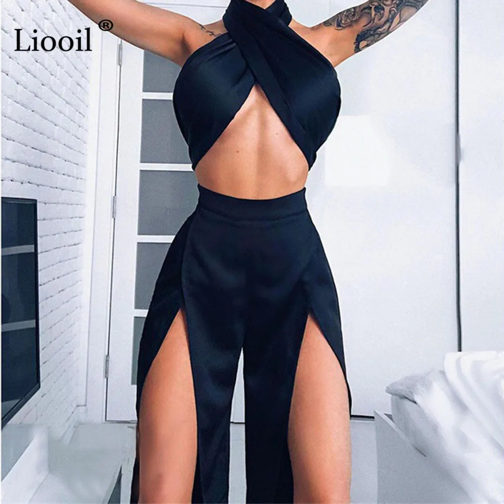 

Liooil Two Piece Sexy Black Split Jumpsuits For Women 2019 Summer Patchwork Jumpsuit Asymmetrical Party Rompers Womens Jumpsuit