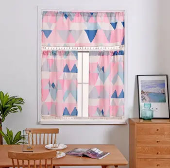 

1 Set 3pcs Short Kitchen Curtains Geometric Pattern Curtains with Tassel Decorative Window Curtains for Living Room Door Curtain