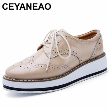 

CEYANEAOWomen wings vintage Oxford Lace Up red beige white black Metallic Striped platform Vintage oxford flat women's shoesE780