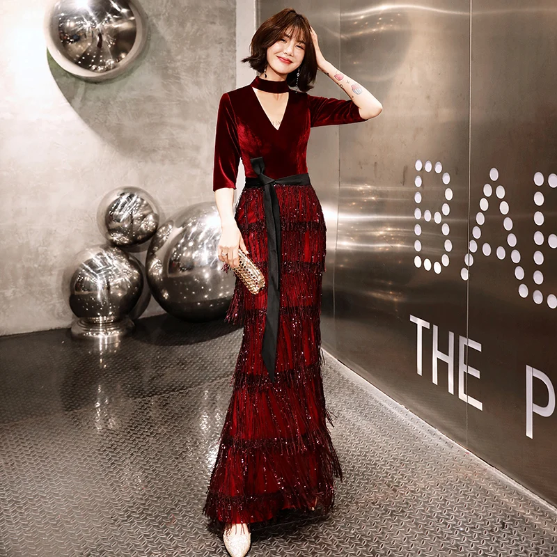 2019 New Velvet Evening Dresses Long Mermaid Wine Red Formal Dress Sequined Abendkleider Women robe de soiree longue LYFY77 2019 New Velvet Evening Dresses Long Mermaid Wine Red Formal Dress Sequined Abendkleider Women robe de soiree longue LYFY77