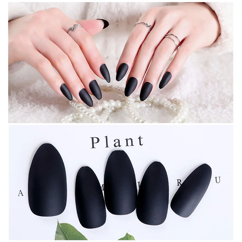 

24pcs Simple Fashion False Nail With Glue Women Beauty Matte Solid Black Color Fake Nails Full Cover Long Size Nail Art Tips