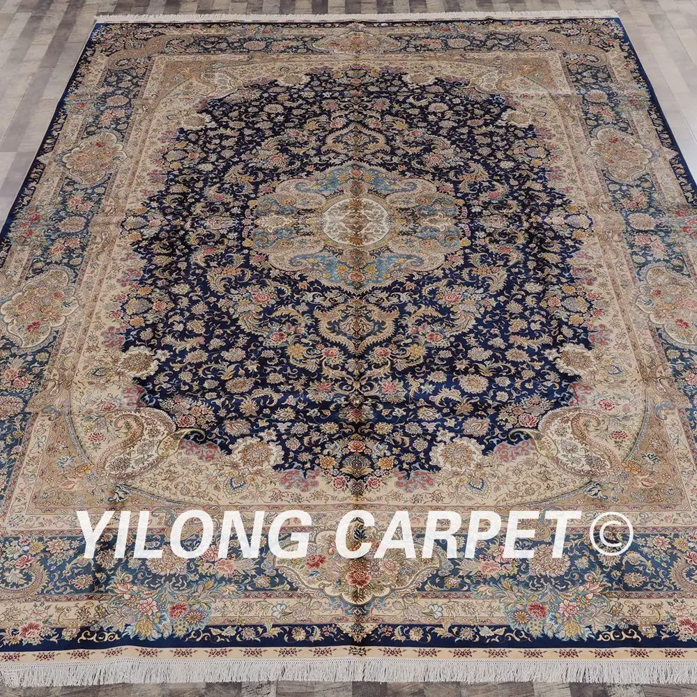 Yilong 10'x14' Восточный шелк ковры Традиционный персидский медальон дизайн большой синий шелковый ковер ручной работы (SL125A10x14)