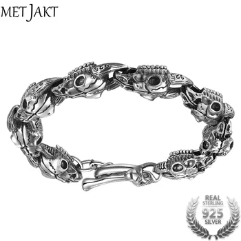 

MetJakt Men's Punk Skull Sheep Head Bracelet Solid 925 Sterling Silver Bracelet for Male Biker Vintage Thai Silver Jewelry 21cm