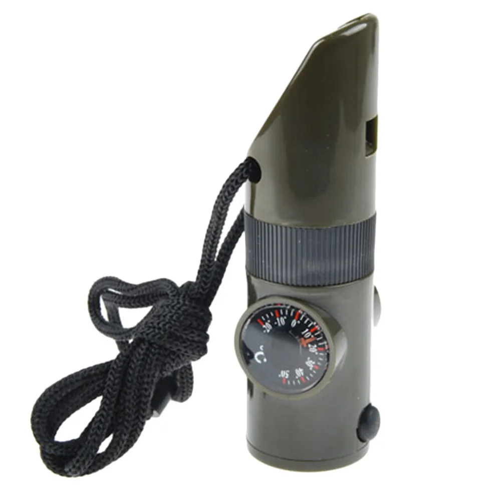 

7in1 Emergency Survival Whistle Compass Multifunction Tool Magnifier Flashlight Storage Container Thermometer for Camping Hiking