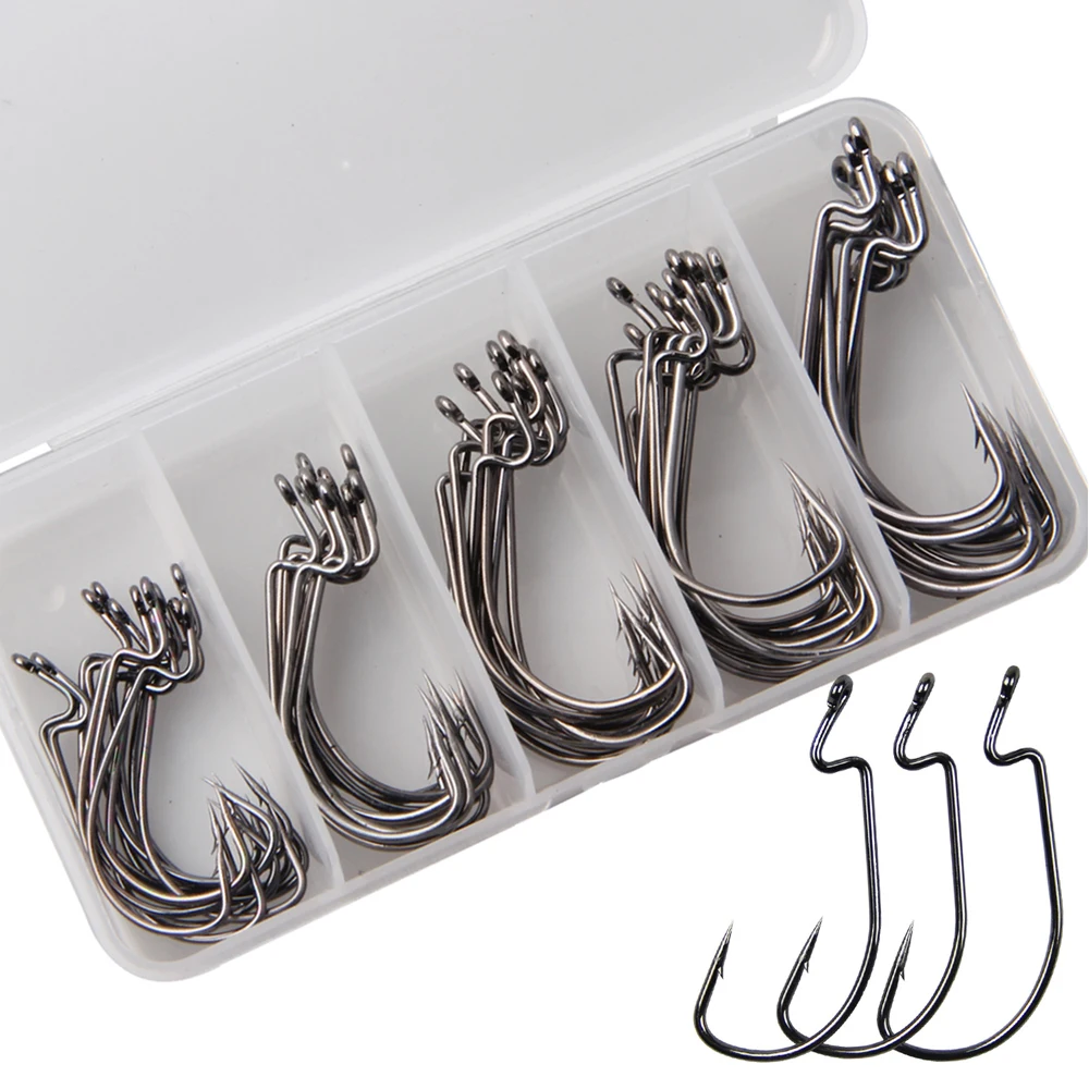 

50Pcs/Box 38105 High Carbon Steel Fishing Worm Hooks Jig Fishing Hook 2X Wide Gap Offset Worm Hooks For Bass Trout