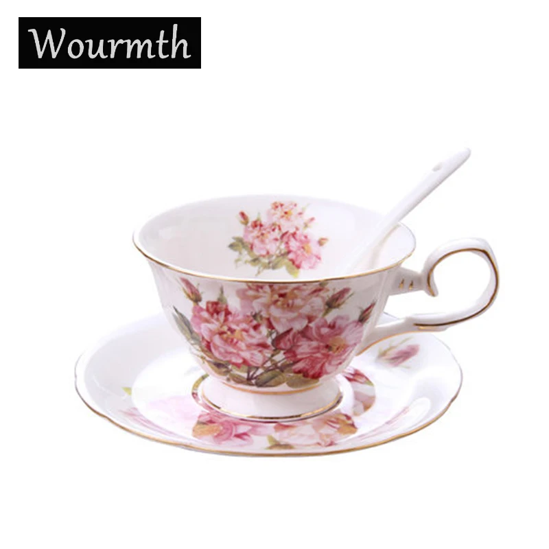 Best Wourmth European Ceramic Cup Saucer Set Afternoon Flower Tea Cup 210ml White Porcelain Coffee Cup With Spoon Cafe Drinkware