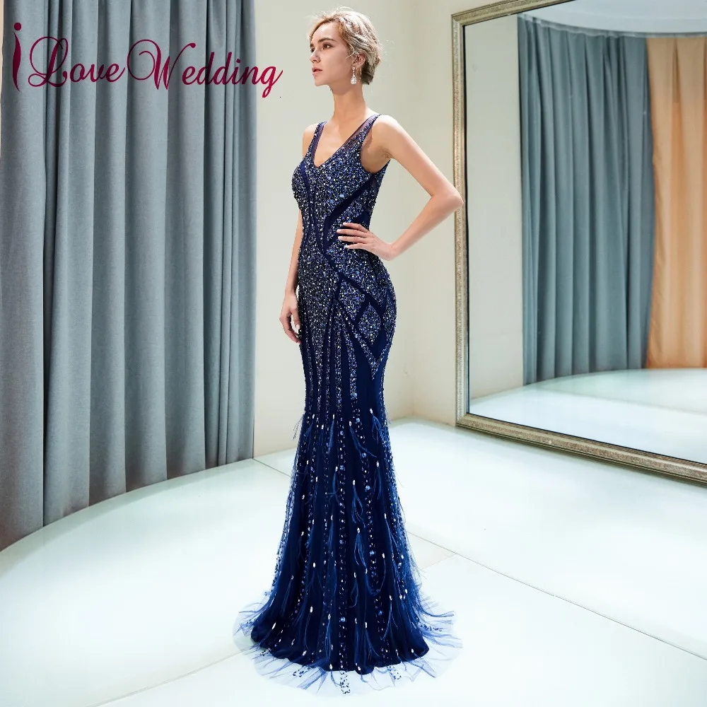 ILoveWedding Vestido de festa longo v-образный вырез тяжелое крупное с бисером, темно-синее Тюлевое Русалка сексуальное длинное вечернее платье с рыбьим хвостом