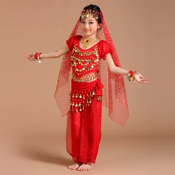 

2016 For Girl Child Belly Dance Costumes 6Colors 2Pcs&5Pcs Top Pant Sequin Yarn Performance Ropa De Danza Del Indian Dresses