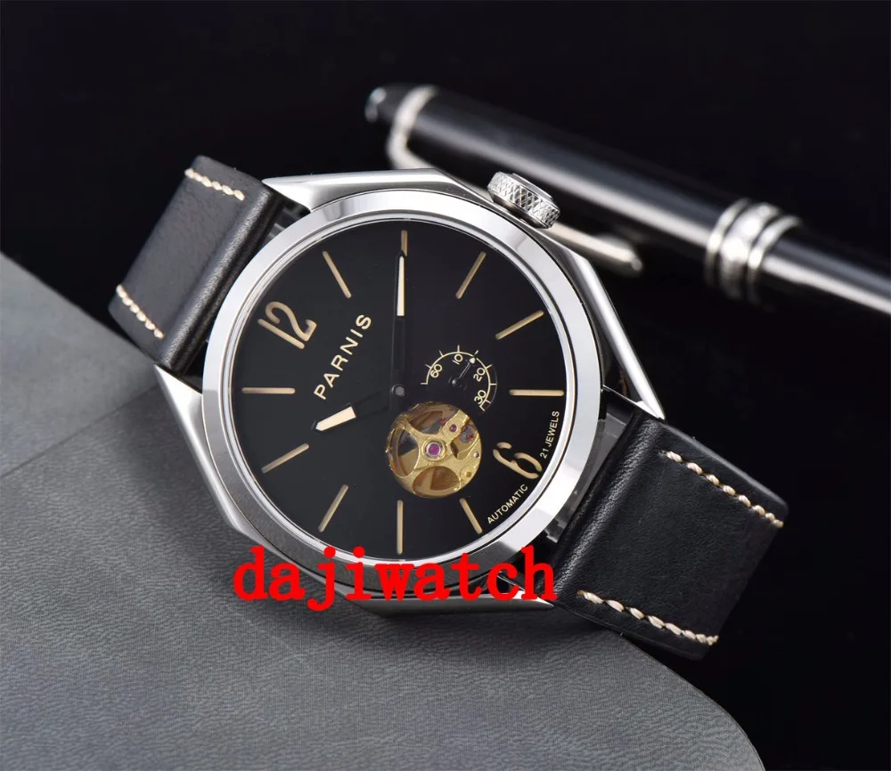 جديد Parnis الأسود مضيئة التلقائي الميكانيكية الرجال ووتش الياقوت الكريستال جديد Parnis الأسود مضيئة التلقائي الميكانيكية الرجال ووتش الياقوت الكريستال