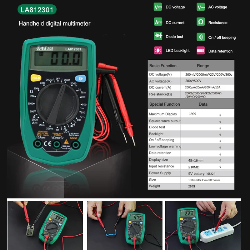 LAOA цифровой дисплей мультиметр Ручной Автоматический диапазон тест er маленький карманный Электрический тест er метр с тестовыми проводами - Цвет: LA812301