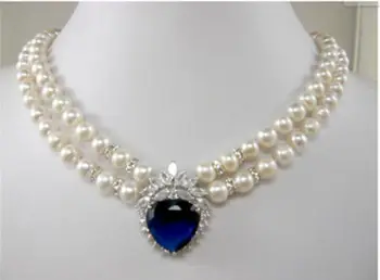 

ladies Jewelry Gift Women's cz ewelry 2 row 7-8mm white pearl blue heart crystal Pendant Necklace 17inch AAA necklaces
