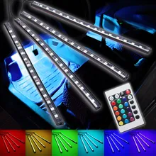 4pcs Car Styling Wireless Remote Control Colorful RGB LED Auto Car Interior Floor Decorative Strip Light Atmosphere Lamp 12V