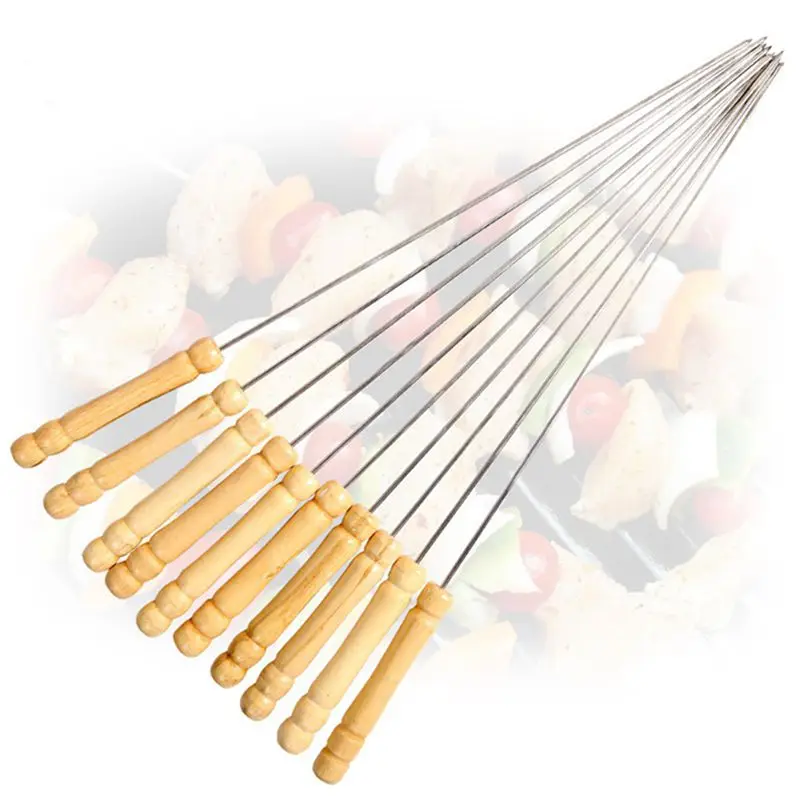 10pcs/Set BBQ Meat Sticks Stainless Steel Barbecue Skewers Wooden Handles Reusable Grilling For
