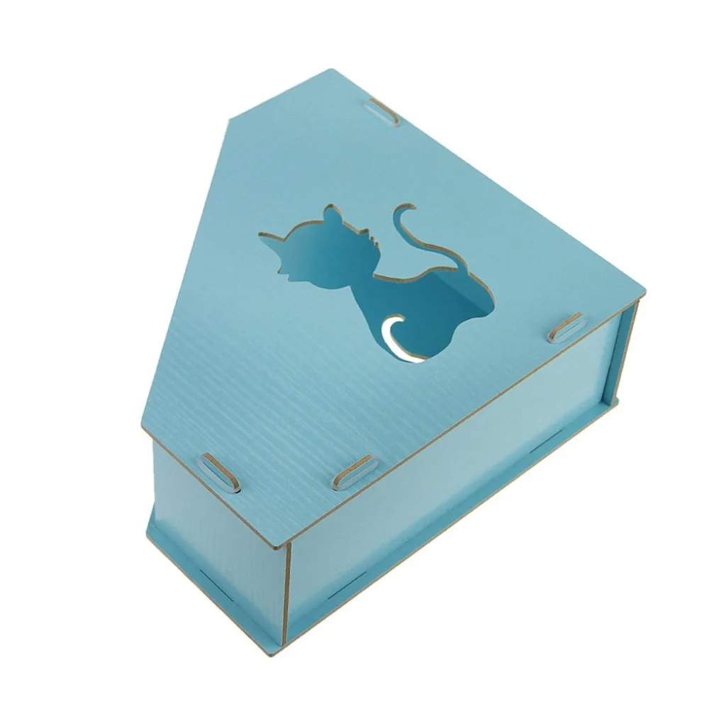 Cute Cat Hollow Out DIY Wooden Magazine Holder Desktop Books Organizer Office File Collector (Light Blue)