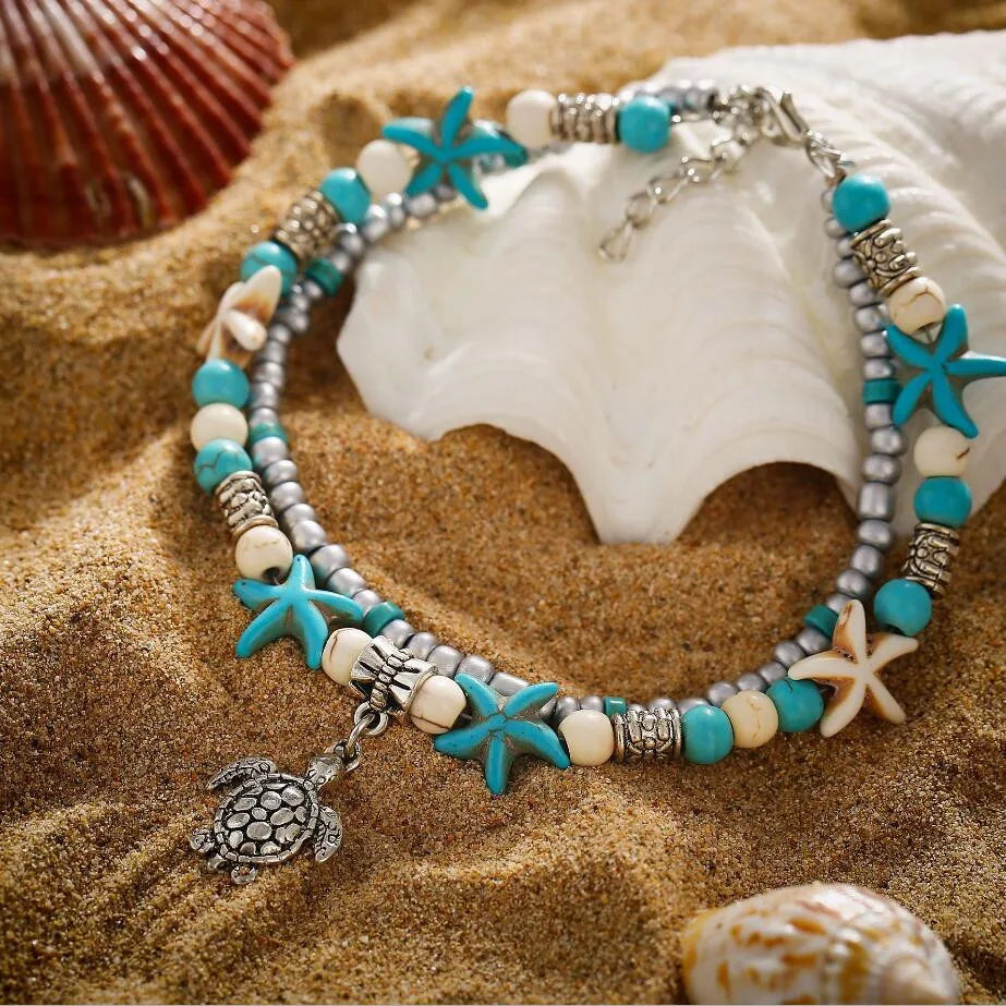 

Sunmall Two Layers Turtle Star Fish Anklets For Women Vintage Boho Shell Chain Anklet Bracelet Beach Jewelry Holiday Gift