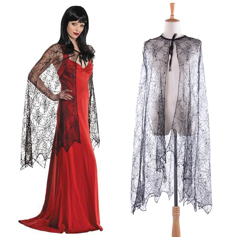 

Adult Wich Cosplay Spider Web Cloak Black Gothic Mesh Organza Sorceress Witch Vampirs Costume Accessories Halloween Fancy Dress