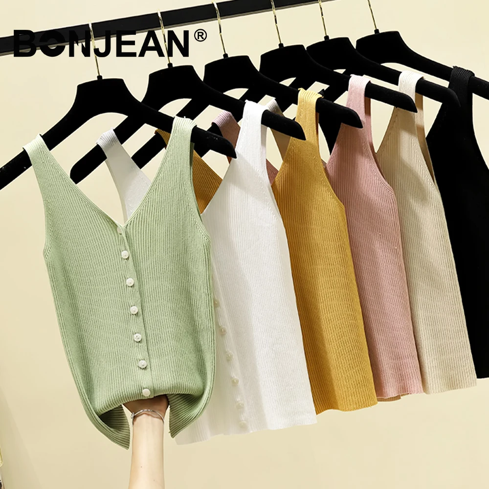 

Sleeveless Top Women Deep V Neck Knitted Top Femme Green Pink White Yellow Black Tank Top Mujer Summer Shirt Streetwear Z183