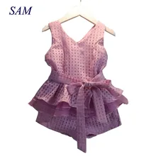 Комплект одежды для девочек; коллекция года; Летний шифоновый жилет в клетку без рукавов Топ с поясом+ шорты; комплект из 2 предметов; детская одежда для девочек; Детские костюмы