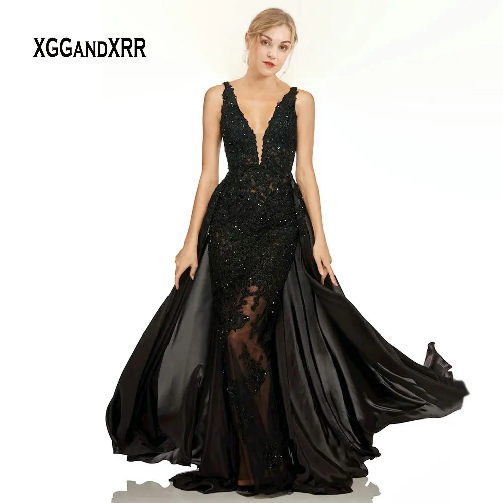 

Elegant Black A Line Lace Evening Dress 2019 Sexy V Neck Applique Beading Woman Long Formal Party Dress Long Prom Dress