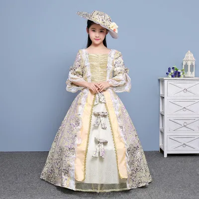 ; детское платье принцессы в средневековом стиле со шляпой для девочек; кружевное платье с цветочным узором в стиле ренессанса; платье на Хэллоуин - Цвет: Пурпурный