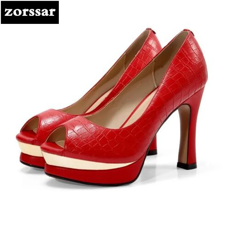 

{Zorssar} 2018 New arrival Genuine Leather womens heels platform pumps Slip-on Peep toe High heels fashion women Dress shoes