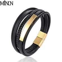 Мужской браслет MINCN, браслет из нержавеющей стали, многослойный кожаный браслет ручной вязки и браслет, мужские ювелирные изделия, подарок