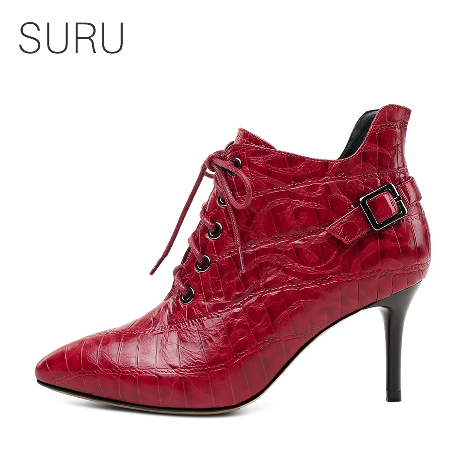 

SURU Genuine Leather With Crocodile Skin Spring Boots Women High Heels Lace Up Boots Autumn Fashion Booties Wine Red / Black
