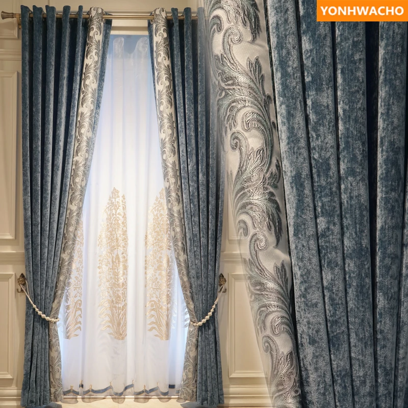 PROD 32993649551 Custom curtains American Modern high-grade chenille
bedroom simple cashmere blue cloth blackout curtain tulle drape B146