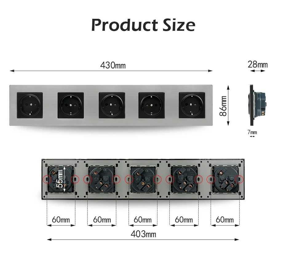 Minitiger панель из нержавеющей стали 5 банд настенная розетка 16А в Европу в Россию Испания электрическая розетка серебристый черный детская защита для двери