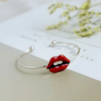 

S925 Sterling Silvery Bracelet Lips Sexy Red Opening Fashion Female