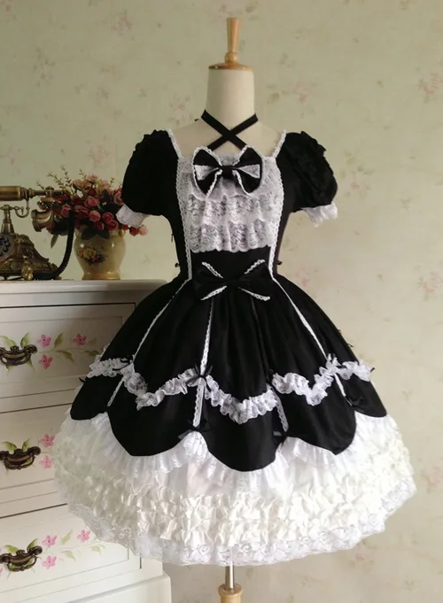Кружевное готическое платье лолиты с коротким рукавом на заказ большого размера L42 - Цвет: Black and white
