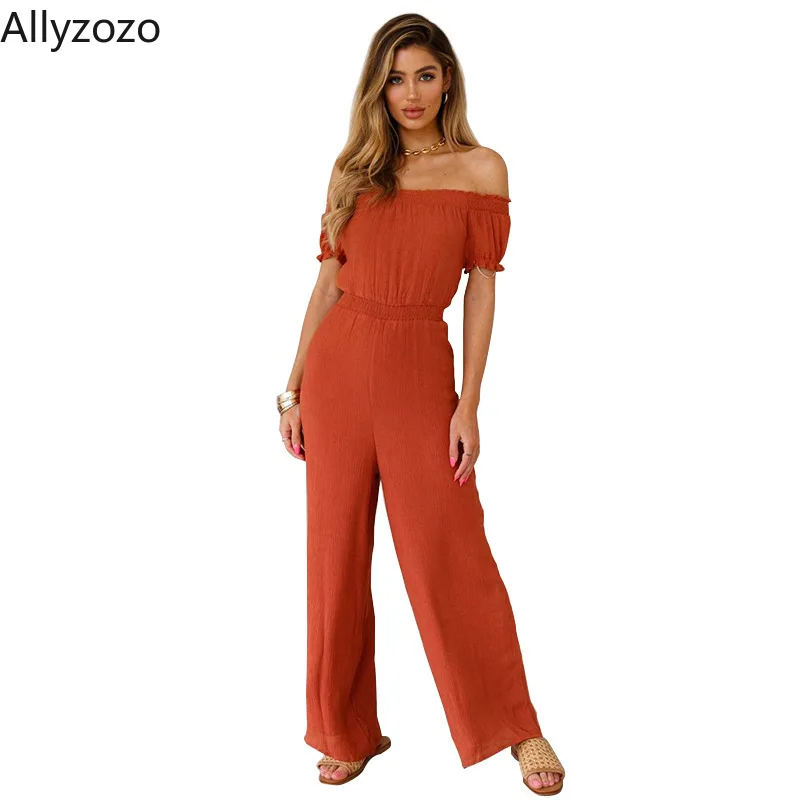 

Allyzozo Women Summer Off Shoulder Slash Neck Orange Jumpsuits Office Lady Streetwear High Waist Fashion Loose Panty Playsuits