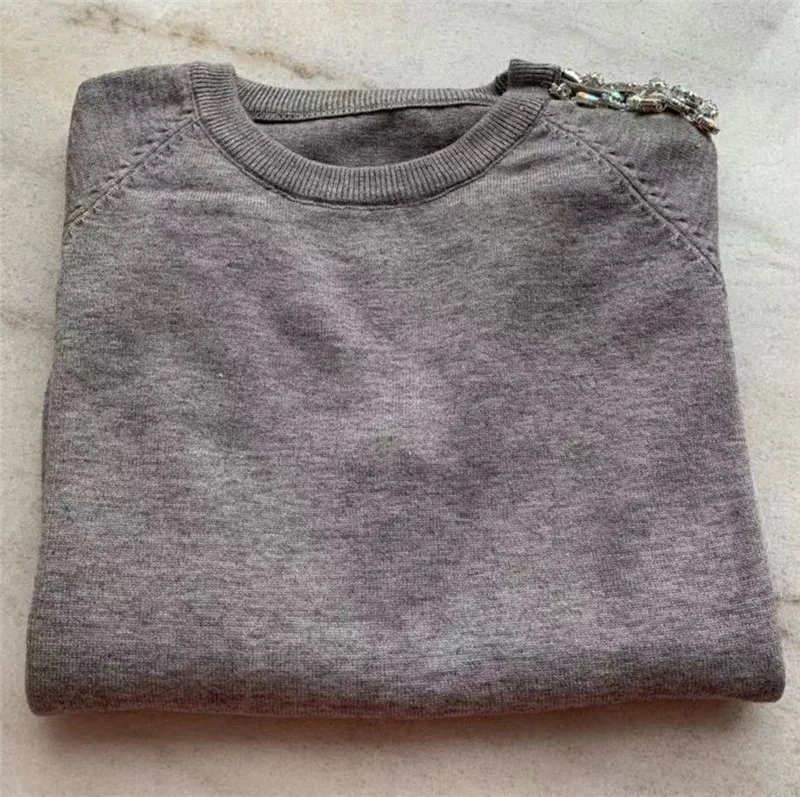 Kopen Vrouwen Trui Parel lekkende schouder Casual 2 Stuk Zweet Pak Diamant Schouder Gebreide Broek + Jumper Top Kostuum Kleding Set