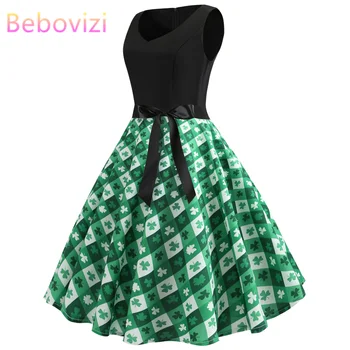 

Bebovizi Four-leaf Clover Vestidos Color Block Patchwork Party Dress Women Plus Size Green 2019 Summer Big Swing Midi Dresses