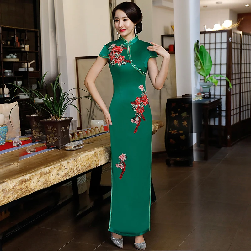 Green Lady Spring Long Cheongsam Chinese style Maxi Dress Womens Qipao Slim Party Dresses Button Vestido Plus Size S-4XL | Тематическая