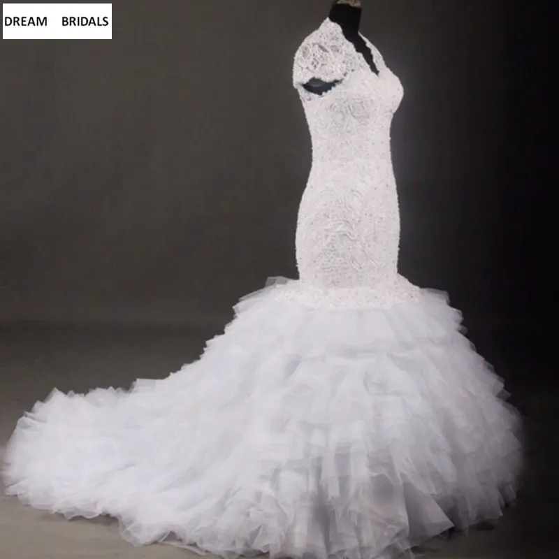 Luxury Heavy Beading Lace Wedding Dresses 2019 Cap Sleeve Tiered Train Bridal Gowms Mermaid Vestido De Noiva Custom Made (1)