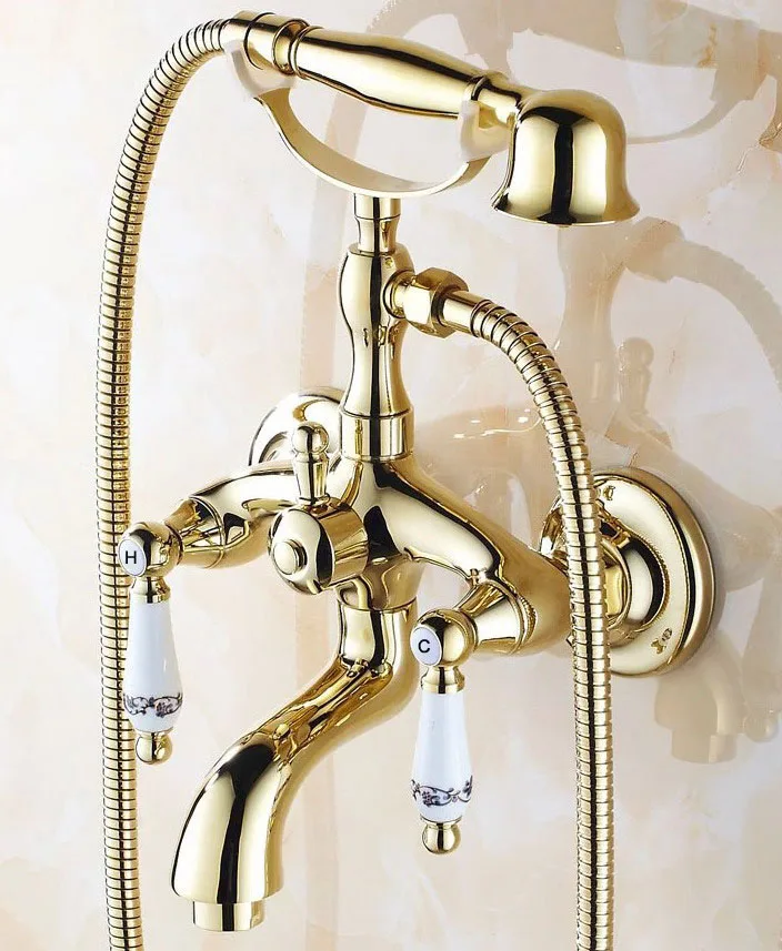 Gold Polished Brass Two Levers Wall Mounted Clawfoot Bath Tub