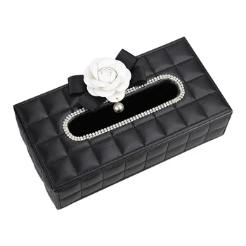 

Camellia Car Tissue Box Rhinestone Crystal Auto Tissue Holder Block-type Tissue Paper Box Hanging Car Styling Girls Accessories