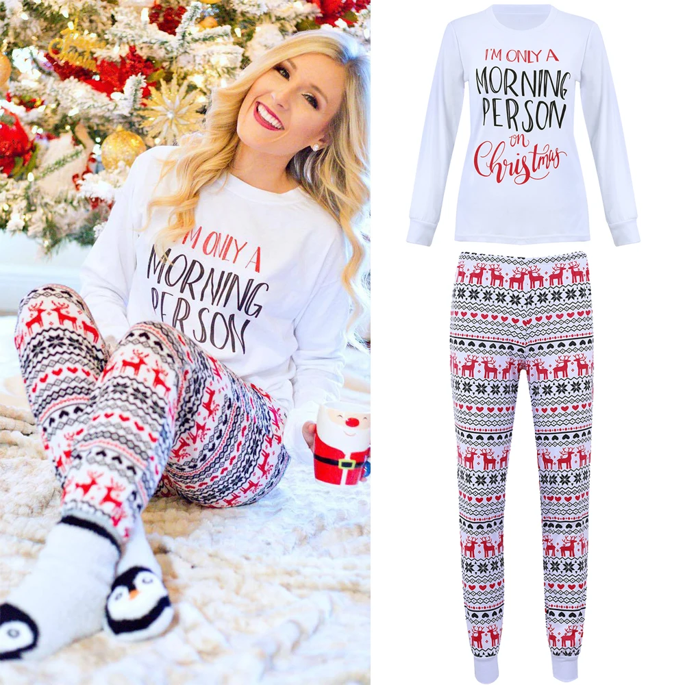Рождественская зимняя теплая Женская одежда для сна, ночная рубашка, пижама с длинным рукавом, топы+ штаны с круглым вырезом, домашняя одежда, костюм, женские пижамные комплекты