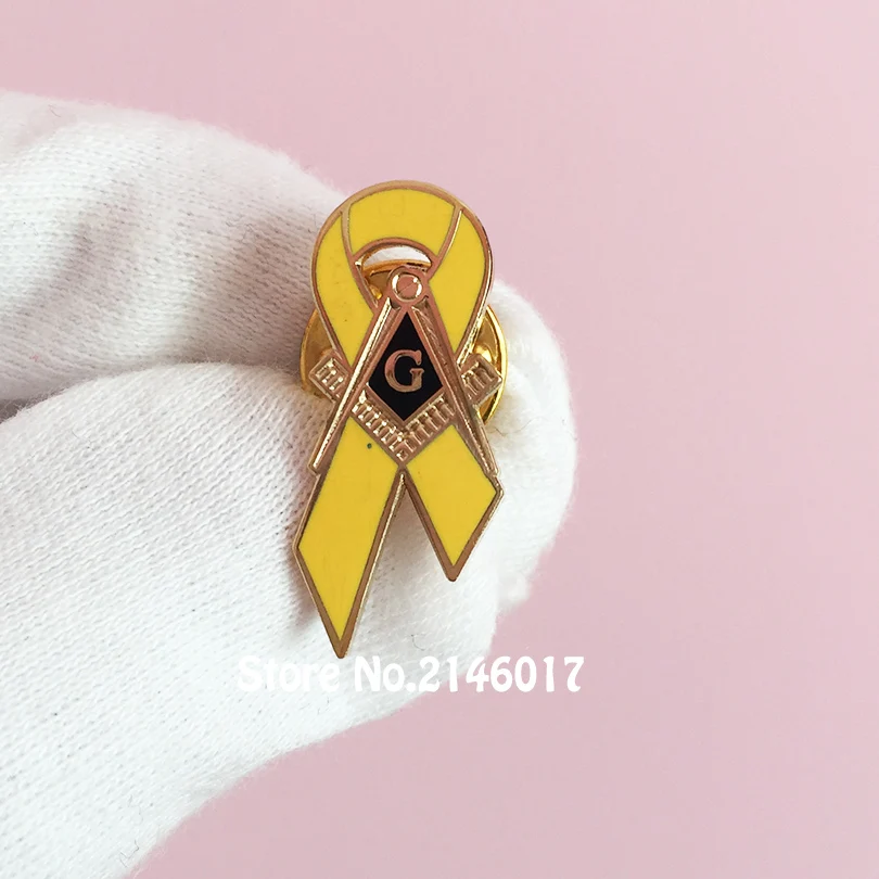 

10pcs Customized Lapel Pin Masonic Yellow Ribbon Pins Badge Master Mason Square Compass G in Awareness of Breast Cancer Brooch