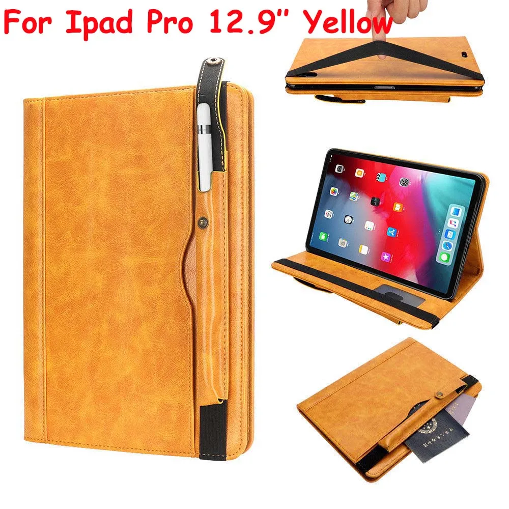 Untra-тонкий роскошный чехол из искусственной кожи для Apple iPad Pro 11 12,9 дюймов, деловой Чехол-книжка с подставкой для планшета, чехол с карандашом+ пленка - Цвет: Ipad pro 12.9 Yellow